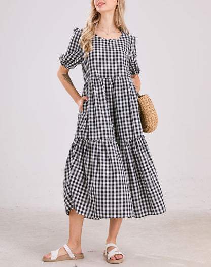 Dress — Retro plaid lantern puff sleeve midi dress by chouyatou