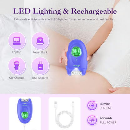 Epilator — Cordless device with shaver head and trimmer for smooth results