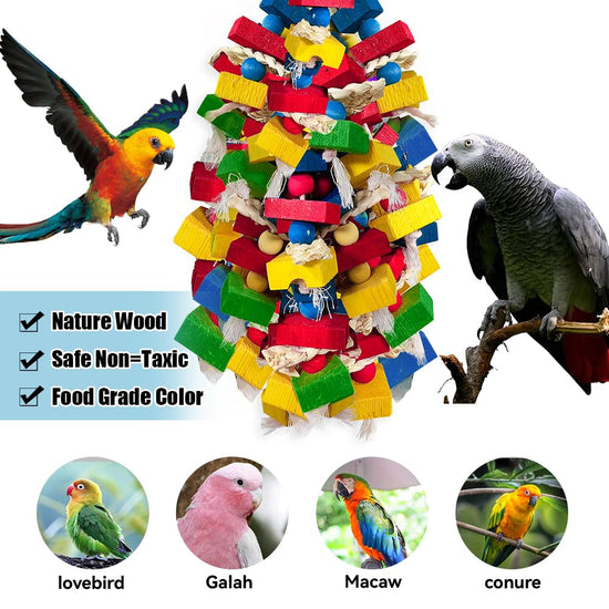WQY GroceryShop Parrot Toys for Large Birds, Multicolored Wooden Blocks Bird Chewing Toy Parrot Cage Bite Toy for Macaws Cokatoos African Grey and Large Medium Parrot Birds (Block)