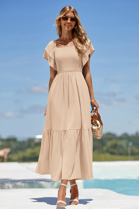 Dress — Square neck smocked high waist A line midi dress by Mascomoda