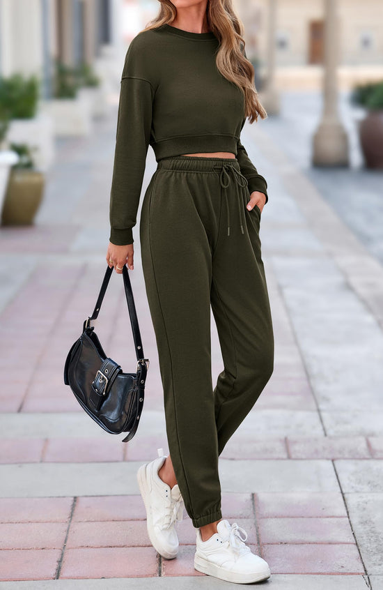 BTFBM women jogger set with pockets and long sleeve crop top