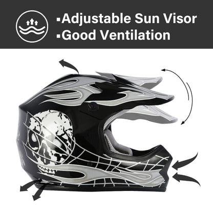 XFMT kids dirt bike helmet — DOT-certified full face design with goggles and gloves