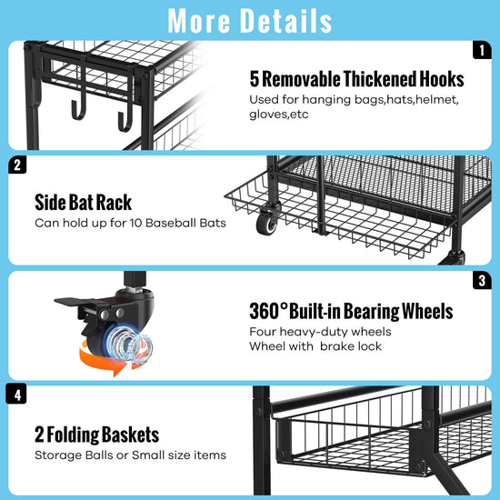 Sports equipment storage rack — heavy duty design with rolling cart and hooks