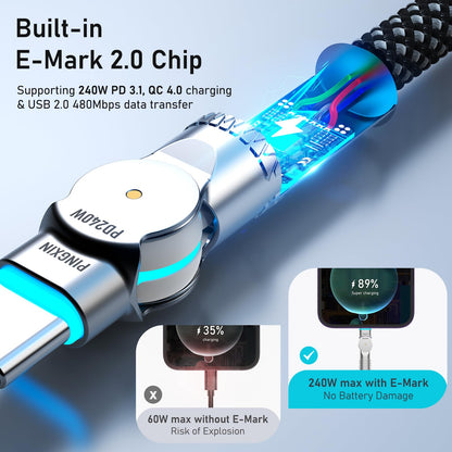 USB C cable - 10FT 240W fast charging with 180° rotating design for iPhone and MacBook