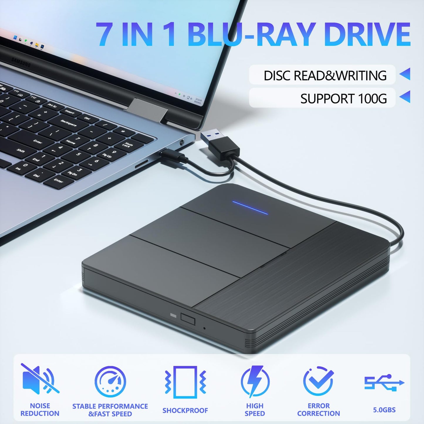 TYYWGD 7 in 1 External Blu-ray Drive,Support 100G Disc R/W BD DVD CD Player,Portable Burner USB3.0 SD/TF Card Slot for PC Compatible with Windows XP/7/8/10/11 Mac Laptop Desktop