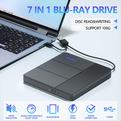TYYWGD 7 in 1 External Blu-ray Drive,Support 100G Disc R/W BD DVD CD Player,Portable Burner USB3.0 SD/TF Card Slot for PC Compatible with Windows XP/7/8/10/11 Mac Laptop Desktop