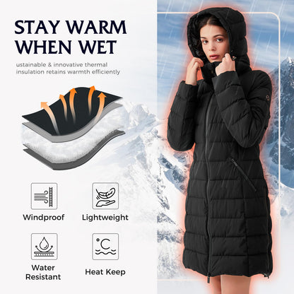 IKAZZ women's coat - packable long hooded vegan down parka jacket