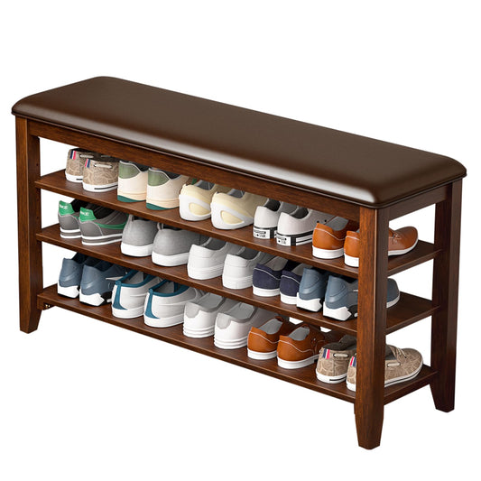 Bench with leather cushion and adjustable shelves for entryway storage