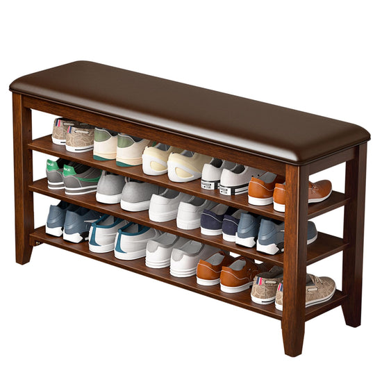 Bench with leather cushion and adjustable shelves for entryway storage