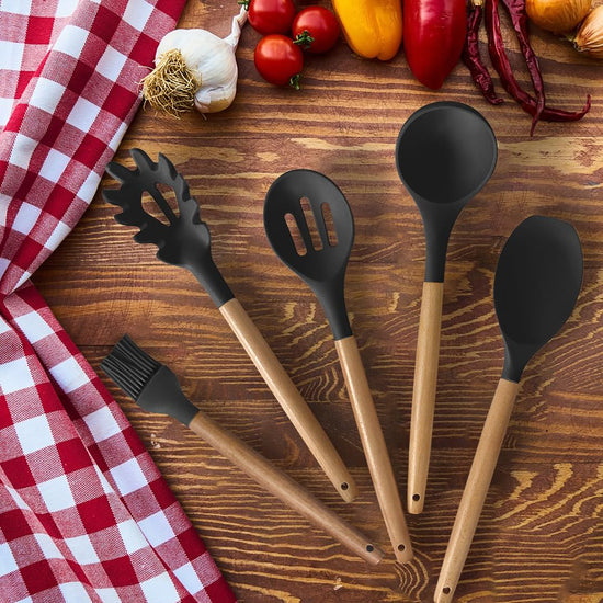 Food spatula — Heat resistant silicone with wooden handles set of 35 pieces.