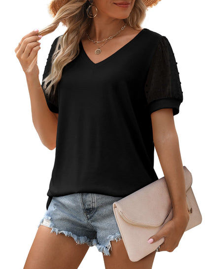 Aokosor shirt — V neck puff sleeve with Swiss dot design