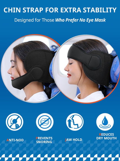 SARISUN Travel Pillow for All Airplane Seats, Airplane Pillows Combo with Chin Strap, 3D Eye Mask for Sleeping, 360° Support Travel Head Strap, Long Flights Essentials, Stop Bobblehead, Black
