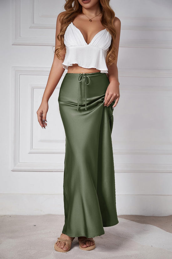 Skirt — Satin silk drawstring flared maxi skirt by Skrtimory for women