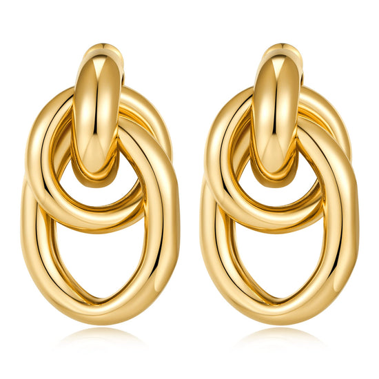 Gold chunky earrings — geometric knot link drop dangle design in 14K gold plated finish