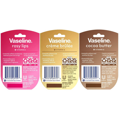 Vaseline Lip Balm — Variety 3-Pack with crème brûlée, rosy lips, cocoa butter flavors