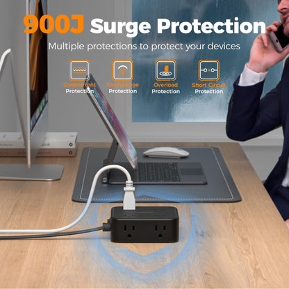 TESSAN power strip with flat plug and 8 outlets, 900J surge protection.