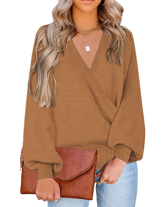 LookbookStore women's sweater - Knit long sleeve faux wrap surplice v neck top
