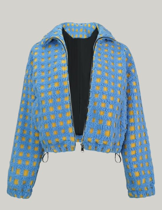 Esmeling cropped sherpa fleece coat with plaid design and long sleeves