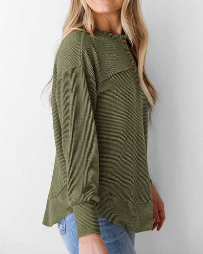 KIRUNDO shirt — casual ribbed knit long sleeve button v neck blouse for women