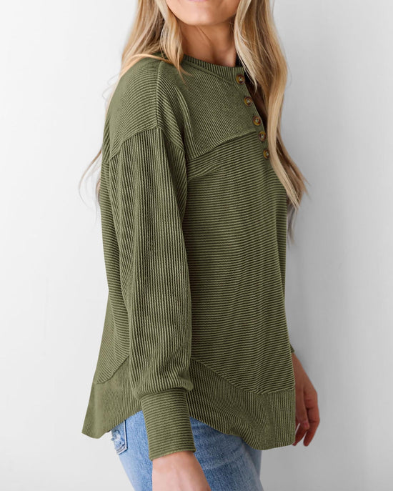 KIRUNDO shirt — casual ribbed knit long sleeve button v neck blouse for women