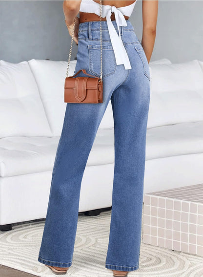 Astylish wide leg jeans - High waisted stretchy denim with pockets