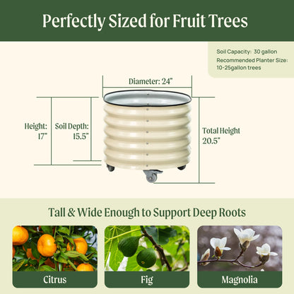 Rolling Metal Planter Pot with Wheels — 30 Gallon, 24" Round | Olive Green