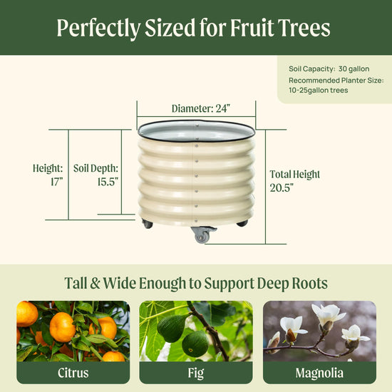 Rolling Metal Planter Pot with Wheels — 30 Gallon, 24" Round | Olive Green