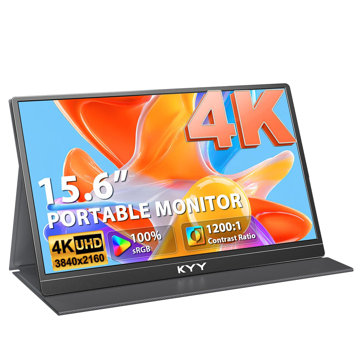 KYY 15.6 portable monitor with smart cover and speakers. Plug and play external monitor for laptop, PC, phone, Mac, Xbox, PS4.