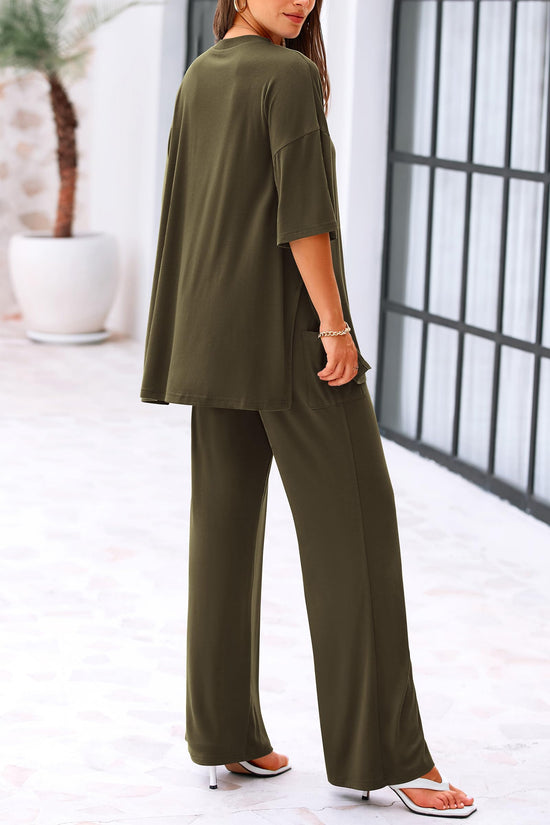 KIRUNDO coordinated outfit — summer casual lounge set with short sleeve top and wide leg pants