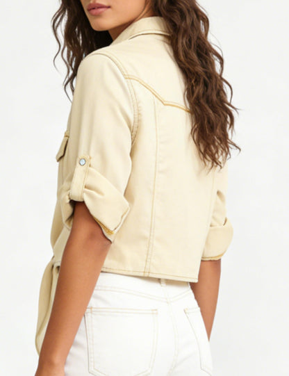 Shirt — Women's roll up sleeve tie front knot chambray denim crop top