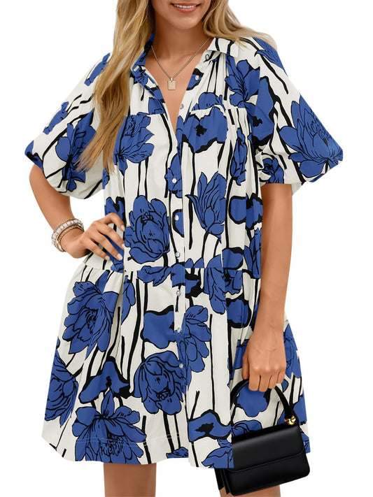 Wenrine dress — Floral puff short sleeve casual mini dress for summer beach