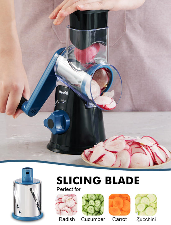 Geedel rotary cheese grater — kitchen mandoline with interchangeable blades