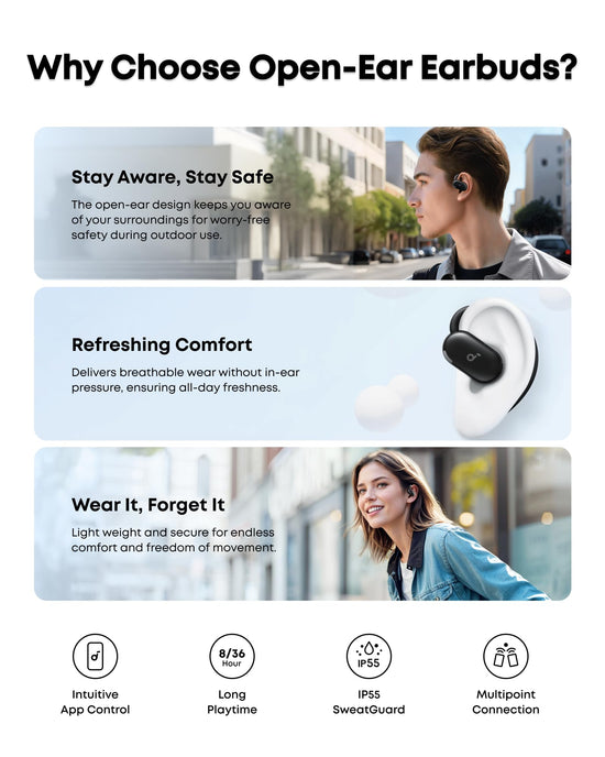 Soundcore V20i headphones — adjustable ear hooks for a snug fit and powerful sound
