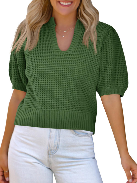 Saodimallsu women's puff sleeve sweater - Waffle knit v neck cropped top