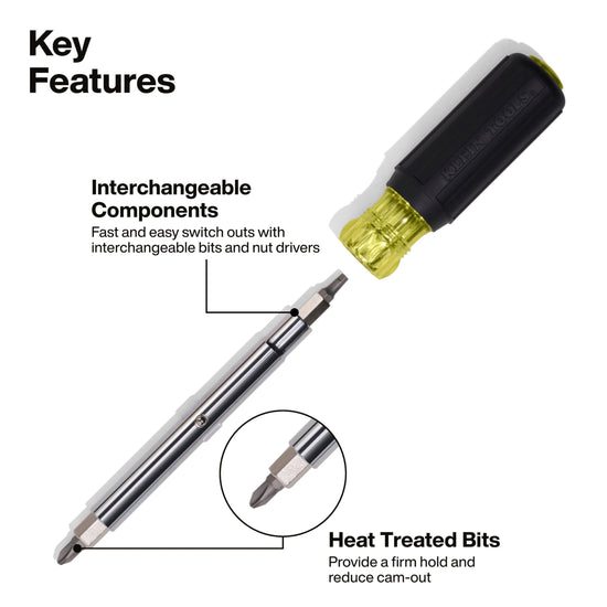 Klein Tools 11-in-1 screwdriver with cushion grip handle and bits set
