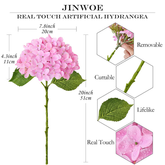 JINWOE artificial hydrangea flowers — lifelike latex silk real touch faux bouquet for home and events