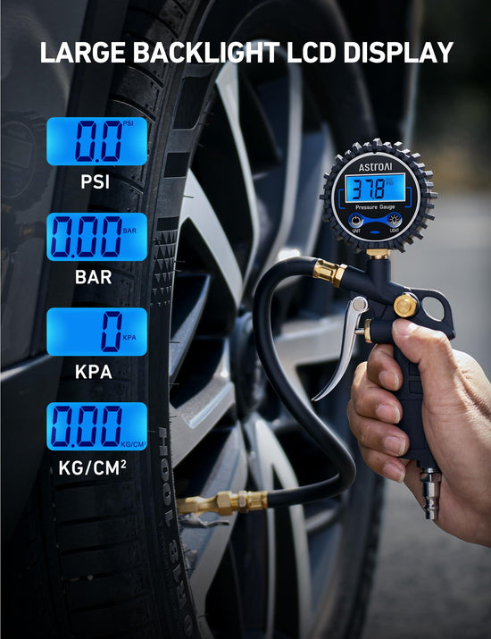 AstroAI electromechanical gauge — digital tire pressure gauge with inflator and accessories
