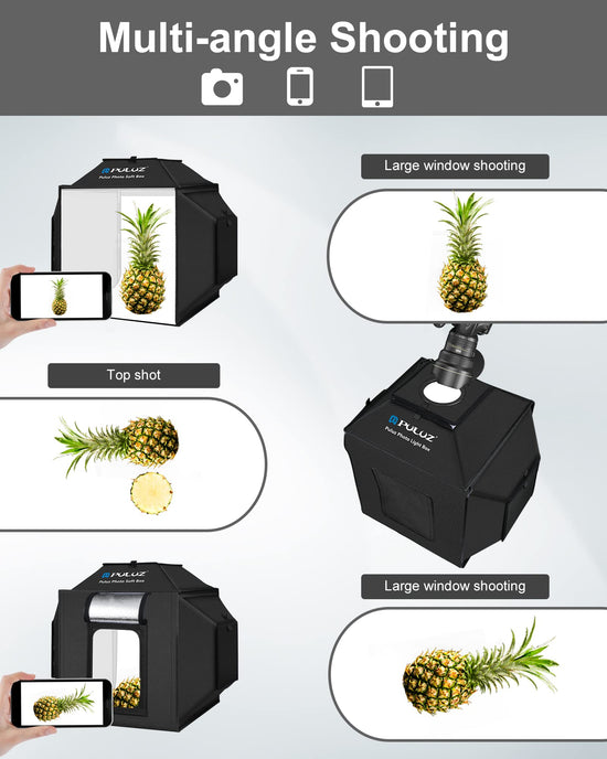 Camera stage lighting modifier — PULUZ portable photo studio with dimmable LEDs and backdrops 16x16 inch