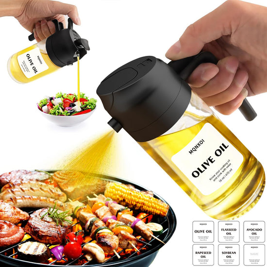 Bottle — 2 in 1 glass oil sprayer and dispenser with stickers, 16oz/470ml capacity