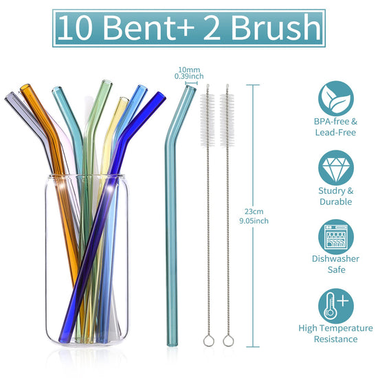 10 Pcs reusable bent glass drinking straws - shatter resistant with cleaning brushes set of 10.