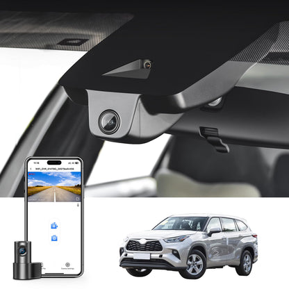 Portable electronic device mount — Front 4K and rear 1080p dash cam for Toyota Highlander and Hybrid Gen4 UX70 2020-2026 Model A, XLE XSE Limited Platinum, OEM look, app and WiFi, GPS, 128GB card.