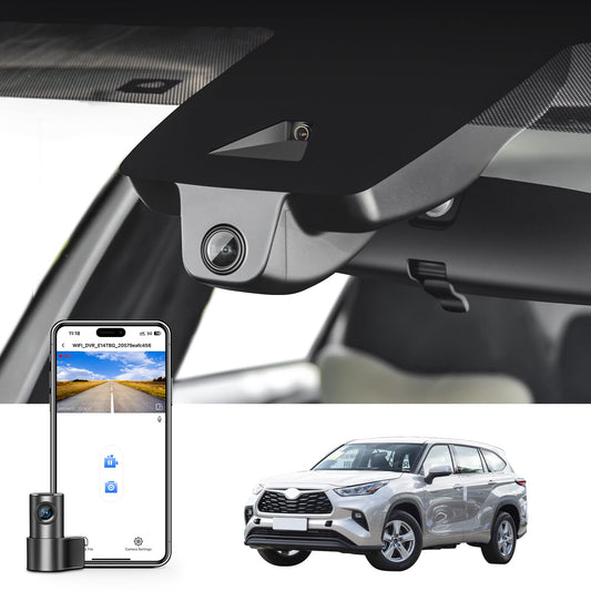 Portable electronic device mount — Front 4K and rear 1080p dash cam for Toyota Highlander and Hybrid Gen4 UX70 2020-2026 Model A, XLE XSE Limited Platinum, OEM look, app and WiFi, GPS, 128GB card.