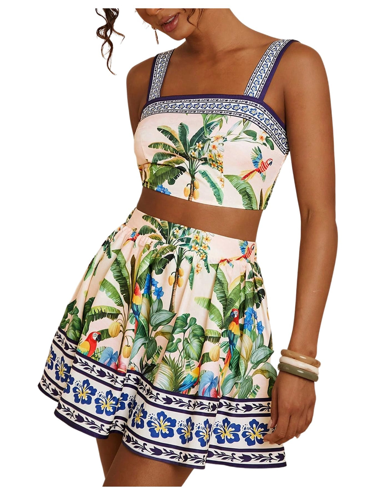 Floerns coordinated outfit with tropical crop cami top and summer skirt set