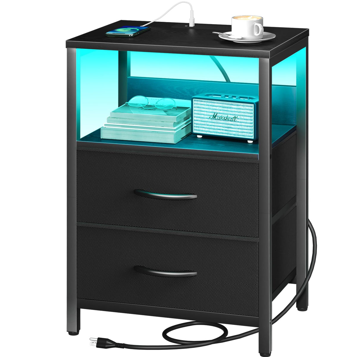 Yoobure nightstand with charging station - LED design with fabric drawers and USB ports