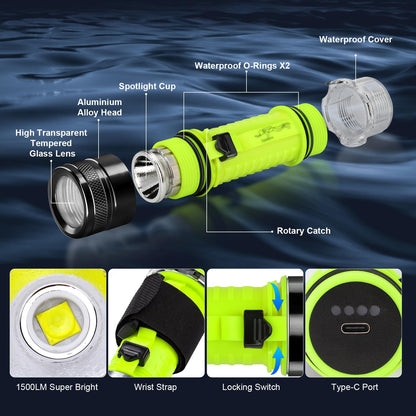 BlueFire rechargeable diving flashlight — 1500 lumen underwater light with 3 modes