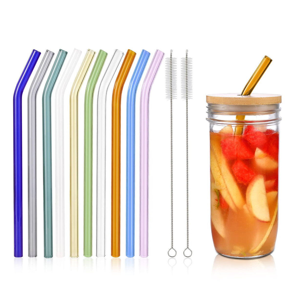 10 Pcs reusable bent glass drinking straws - shatter resistant with cleaning brushes set of 10.
