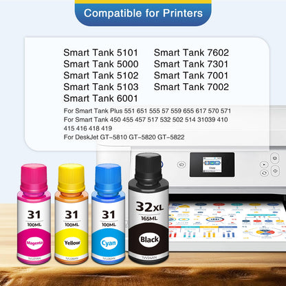 32xl Black Ink Bottle 31 Smart Tank 5101 6001 5000 7602 7301 Ink Refill Compatible for HP 31 Ink Bottles Set for Ink 31 and 32xl Compatible for HP Smart Tank Ink 5101 6001 651 5102 7002 5000 7001