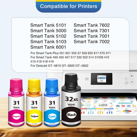 32xl Black Ink Bottle 31 Smart Tank 5101 6001 5000 7602 7301 Ink Refill Compatible for HP 31 Ink Bottles Set for Ink 31 and 32xl Compatible for HP Smart Tank Ink 5101 6001 651 5102 7002 5000 7001