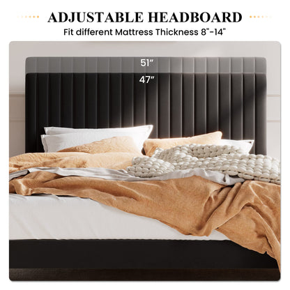 Bed frame — Upholstered platform with adjustable headboard and velvet fabric