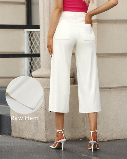GRAPENT wide leg denim capri pants with raw hem and high waist